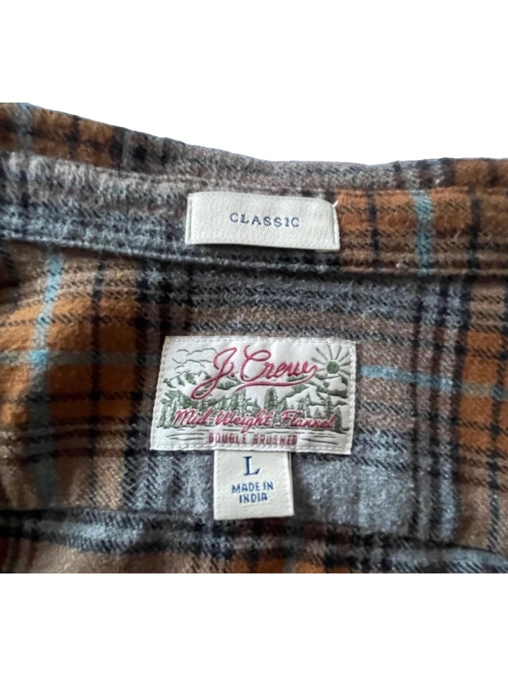 J.Crew Men's Large (L) Classic Fit Cotton Gray and Orange Plaid Flannel Shirt - Picture 3 of 9